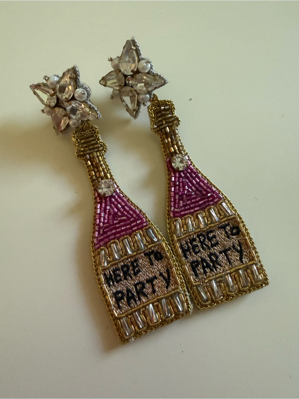 Beaded Champagne Bottle Drop Earrings - Pink & Gold